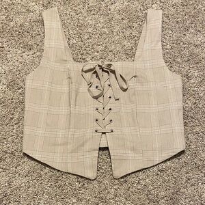 Forever 21 Beige Plaid Lace-Up Blouse